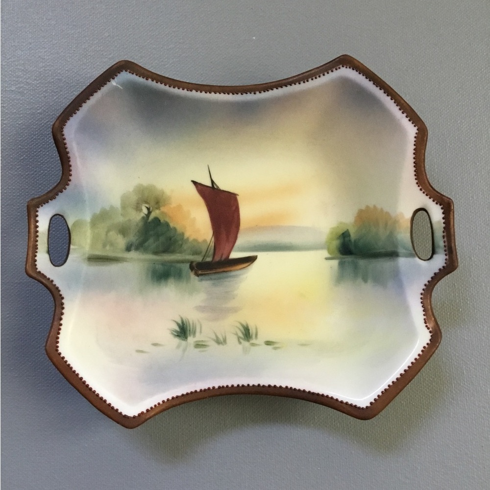 Vintage Nippon HP Nut Candy Dish Sailboat Scene